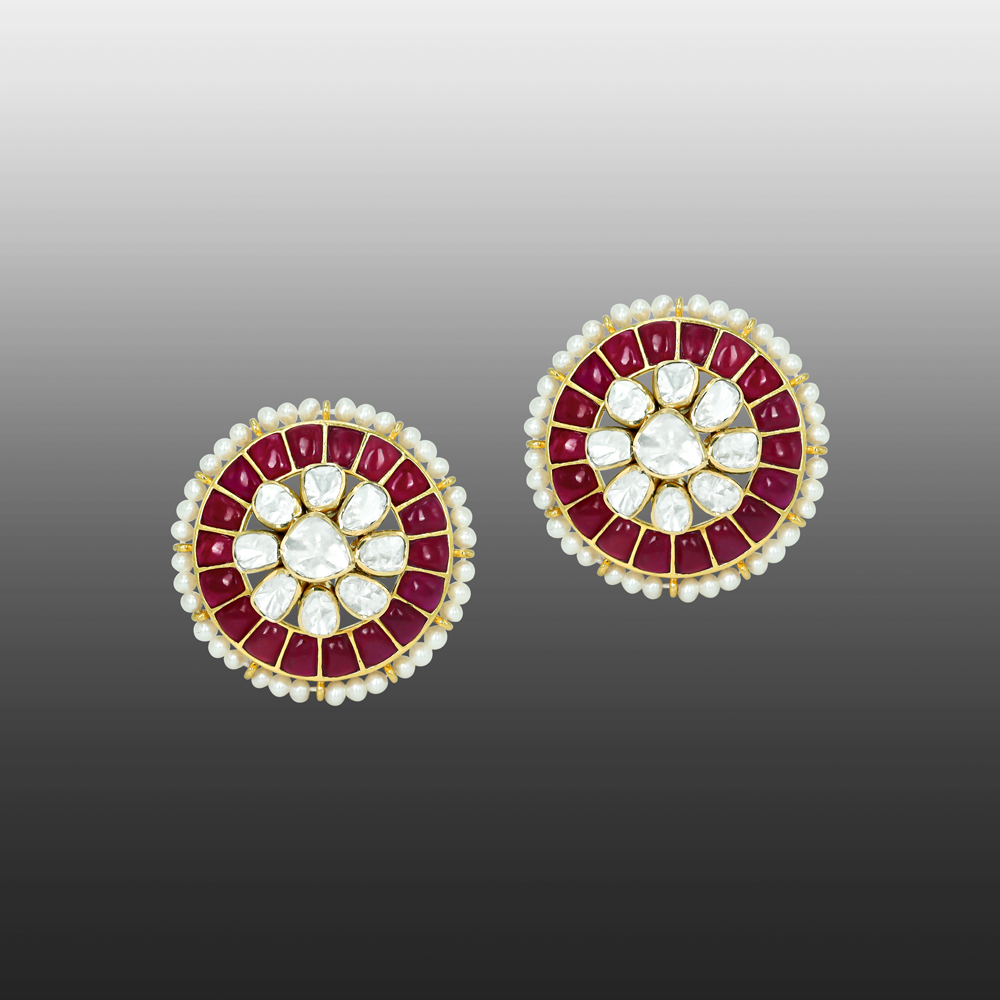 Ruby Coloured Talaf Studs with Polki Cluster and Pearl Detailing